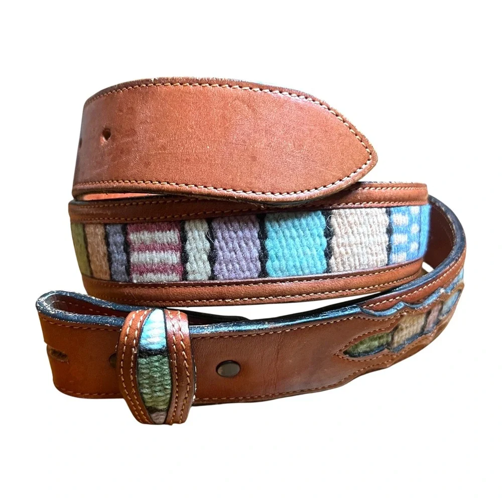 Vintage Brown Leather Southwestern Hand Woven Textile Inlay Belt 38 No Buckle
